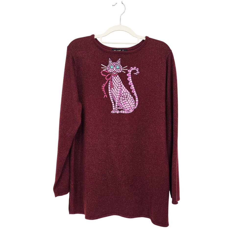 Bob Mackie Wearable Art Burgundy Glitter Cat Rhinestone Sweater Small A34547